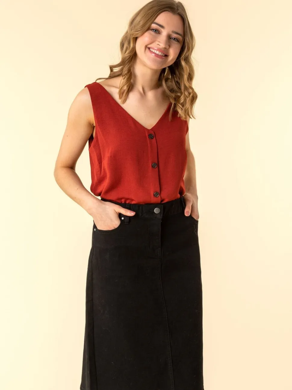 Zwart - Roman A-Line Knee Length Denim Skirt