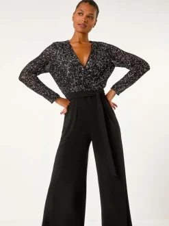 Zwart - Roman Pailletten wikkel V-hals stretchy Jumpsuit