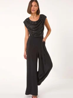 Zwart - Roman Paillettenlijfje met Watervalhals Jumpsuit