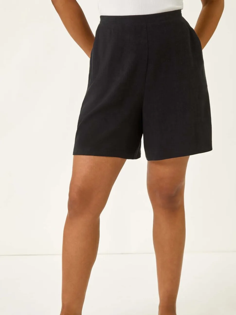 Zwart - Roman Petite Linen Mix Elastic Waist Shorts