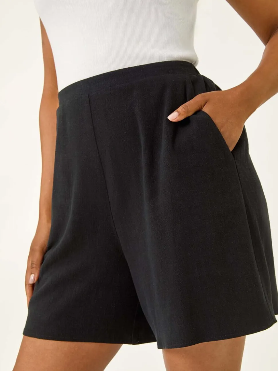 Zwart - Roman Petite Linen Mix Elastic Waist Shorts