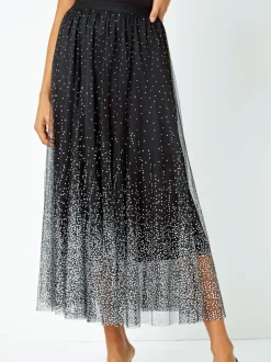 Zwart - Roman Polka Dot Print Elasticated Mesh Skirt