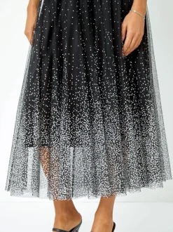 Zwart - Roman Polka Dot Print Elasticated Mesh Skirt