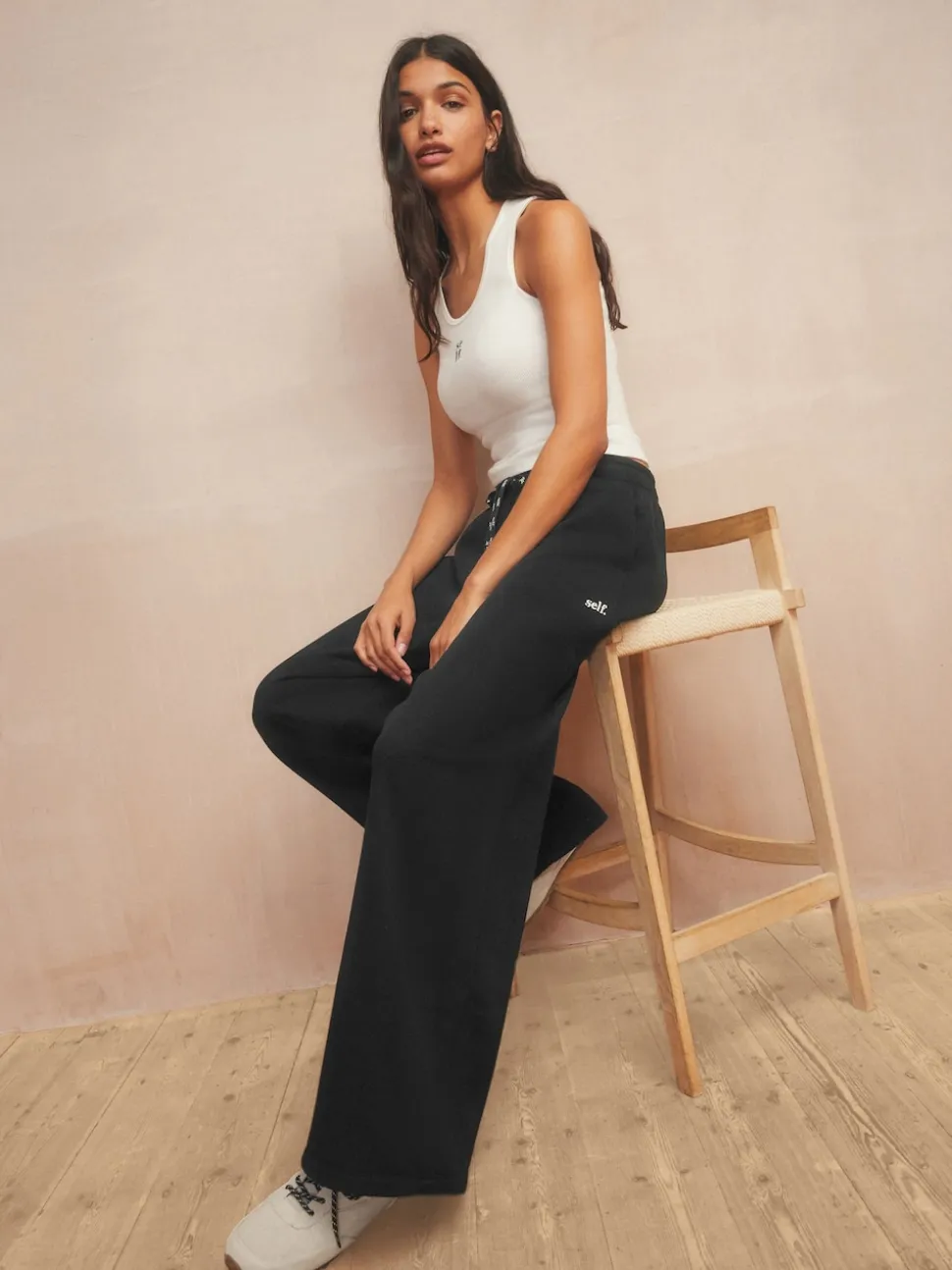 Zwart - self. joggingbroek met wijde pijpen