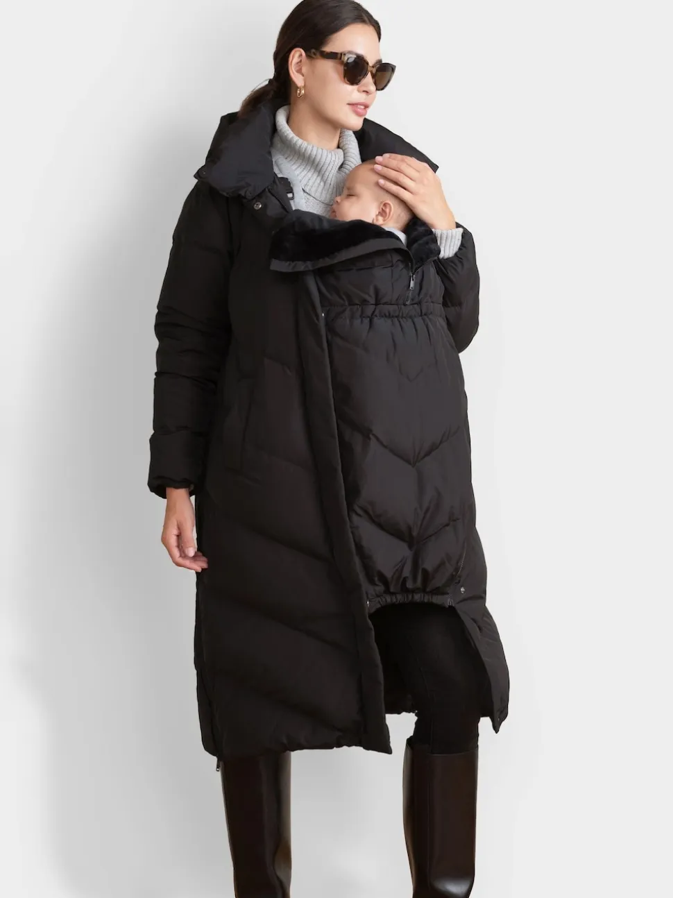 Zwart - Seraphine 3-In-1 Lange Chevron Puffer zwangerschapsjas