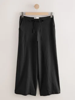 Zwart - Smart Front Linen Blend Wide Leg Trousers