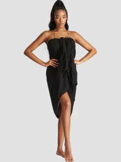 Zwart - South Beach - Gekreukte viscose sarong-tuniek met franje