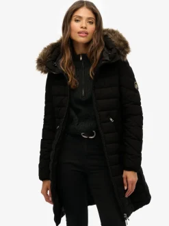 Zwart - Superdry Fuji Faux Hood Mid Length Coat