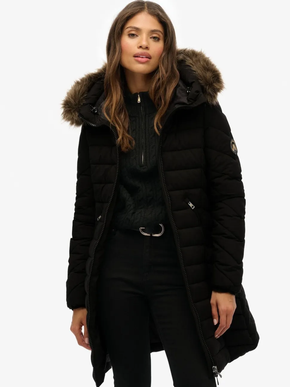 Zwart - Superdry Fuji Faux Hood Mid Length Coat