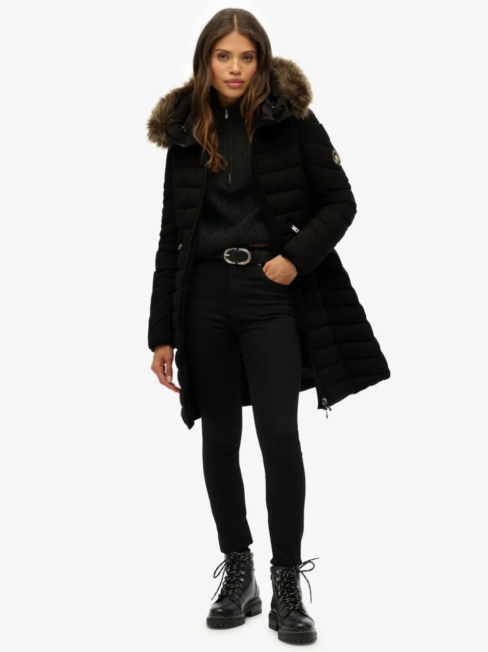 Zwart - Superdry Fuji Faux Hood Mid Length Coat