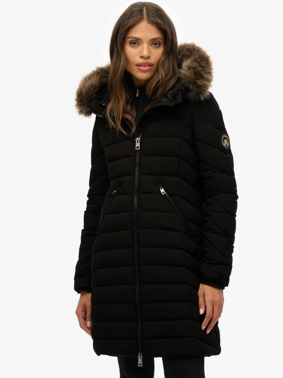 Zwart - Superdry Fuji Faux Hood Mid Length Coat
