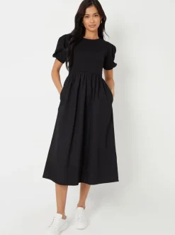 Zwart - Threadbare 100% Cotton Puff Sleeve Jersey Poplin Mix Maxi Dress
