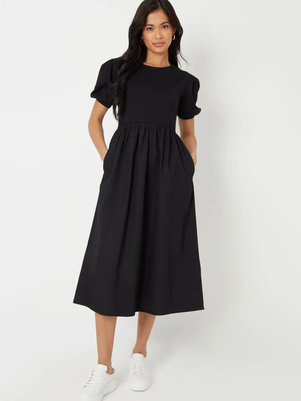 Zwart - Threadbare 100% Cotton Puff Sleeve Jersey Poplin Mix Maxi Dress
