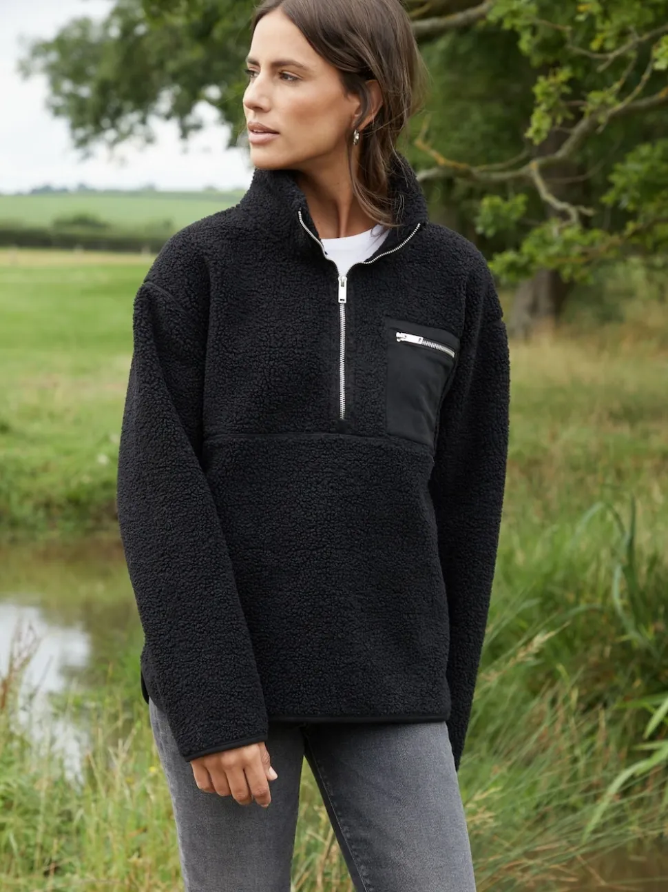 Zwart - Threadbare borgfleece met korte rits