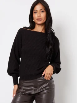 Zwart - Threadbare grof gebreide trui met slash-hals