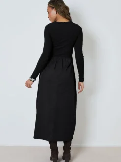Zwart - Threadbare 2-in-1 Jersey Poplin Mix Button Down Dress