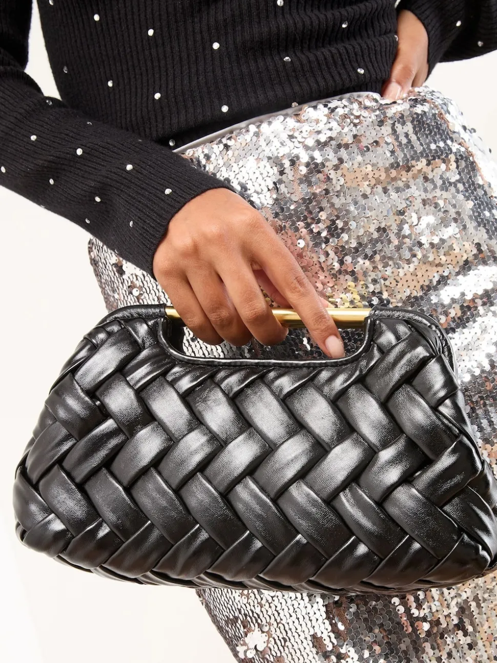 Zwart - Weave Grab Handle Clutch Bag