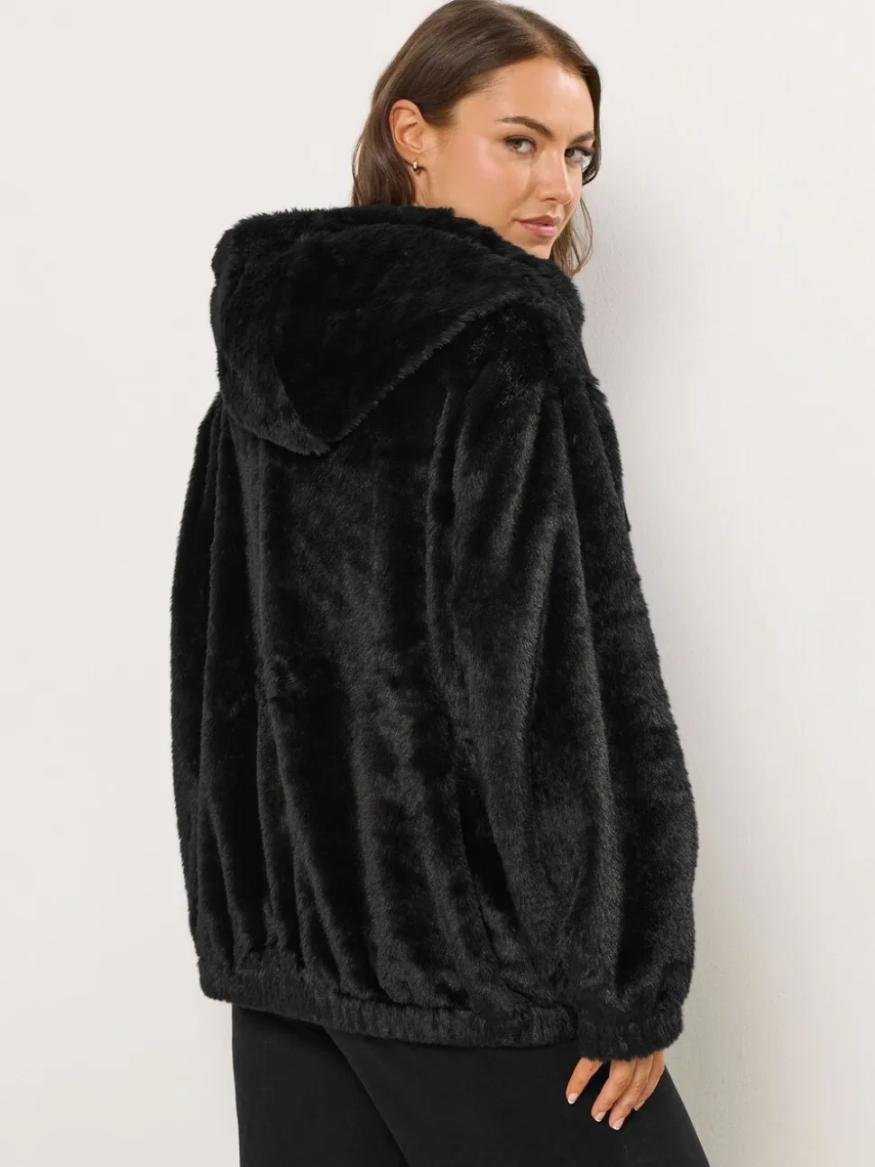 Zwart - Yours Curve Faux Fur Zip Thru Hooded Fleece