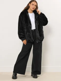 Zwart - Yours Curve Faux Fur Zip Thru Hooded Fleece