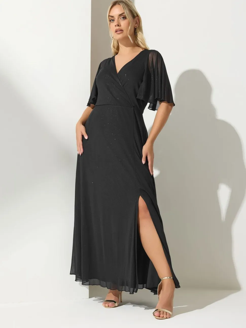 Zwart - Yours Curve London Glitter Wrap Mesh Maxi Dress