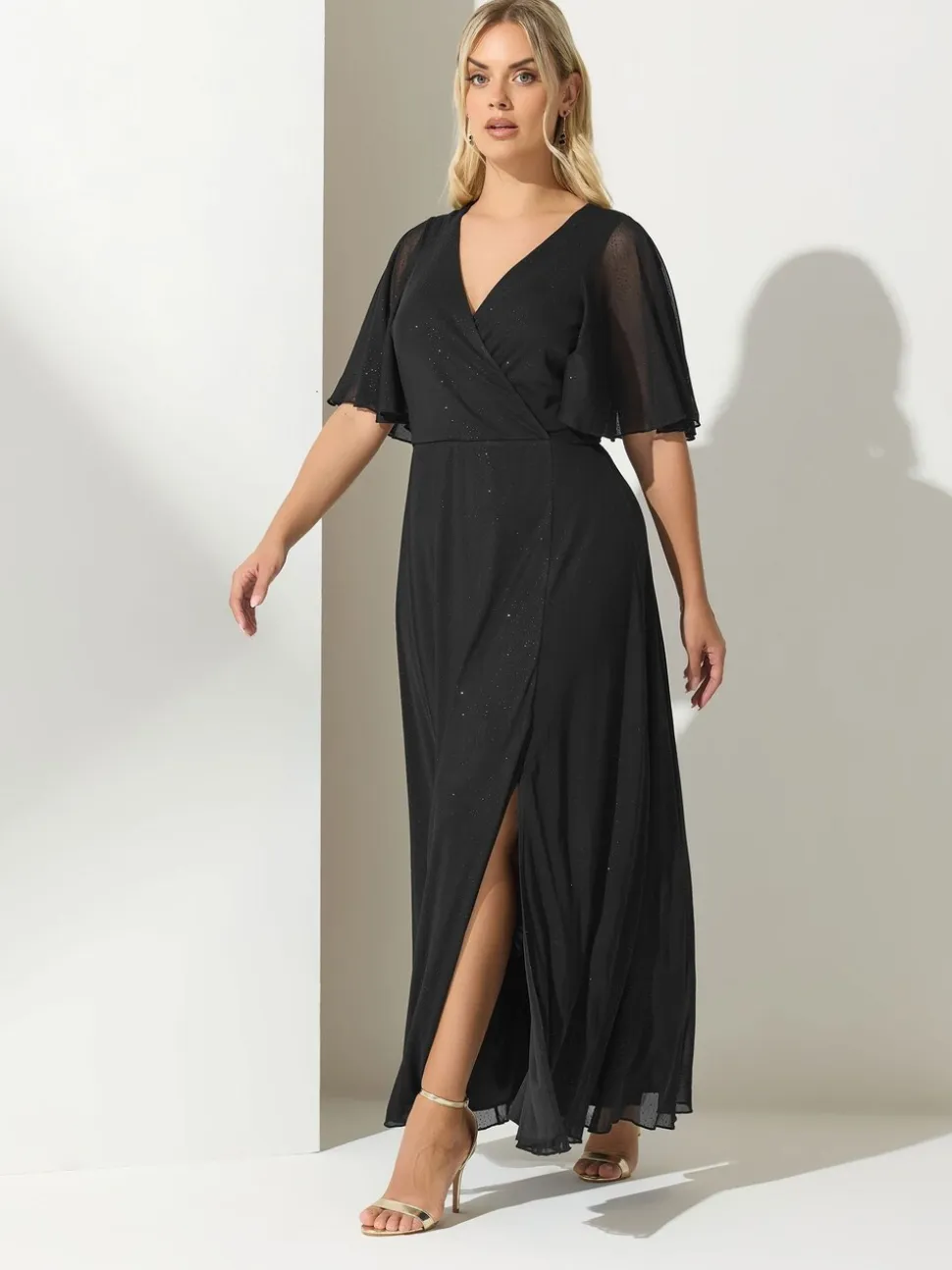Zwart - Yours Curve London Glitter Wrap Mesh Maxi Dress