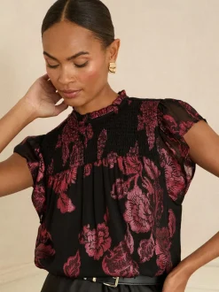 Zwart bloemenprint - Love & Roses - Metallic top met ronde hals