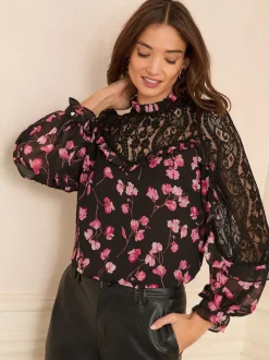 Zwart bloemenprint - Love & Roses Crew Neck Lace Yoke Long Sleeve Blouse