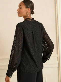 Zwart burnout - Love & Roses - Blouse met lange mouwen en rits aan de voorkant