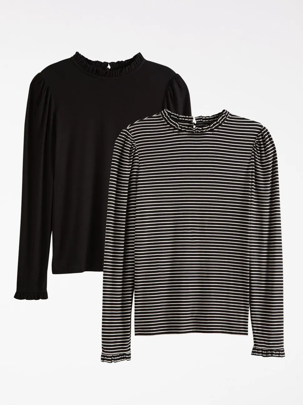 Zwart en gestreept - Love & Roses jersey top met ruches aan de hals en lange mouwen