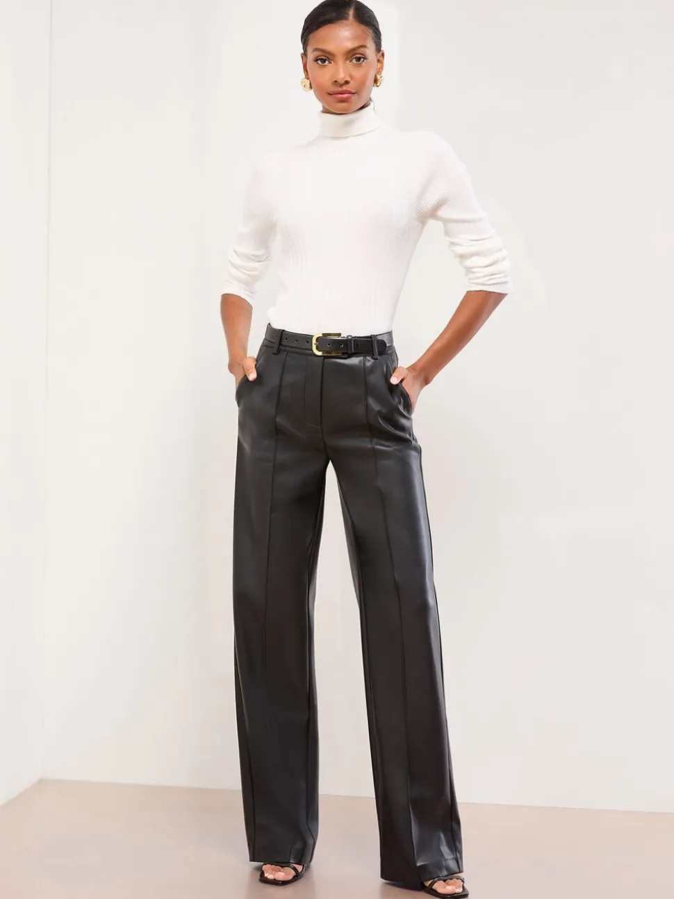 Zwart imitatieleer - Lipsy Pintuck Tailored Wide Leg Trousers