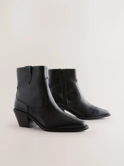 Zwart leer - Cowboy Block Heel Ankle Boots