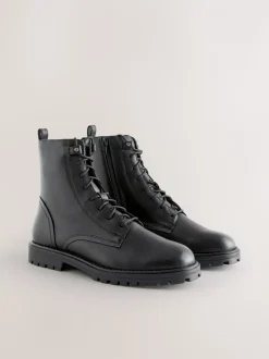 Zwart leer - Forever Comfort® veterlaarzen met vierkante neus
