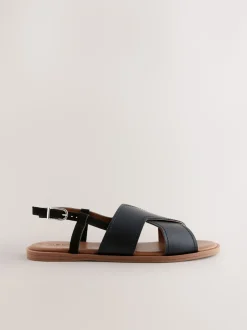 Zwart leer - Gestikte sandalen met hielbandje