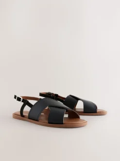 Zwart leer - Gestikte sandalen met hielbandje