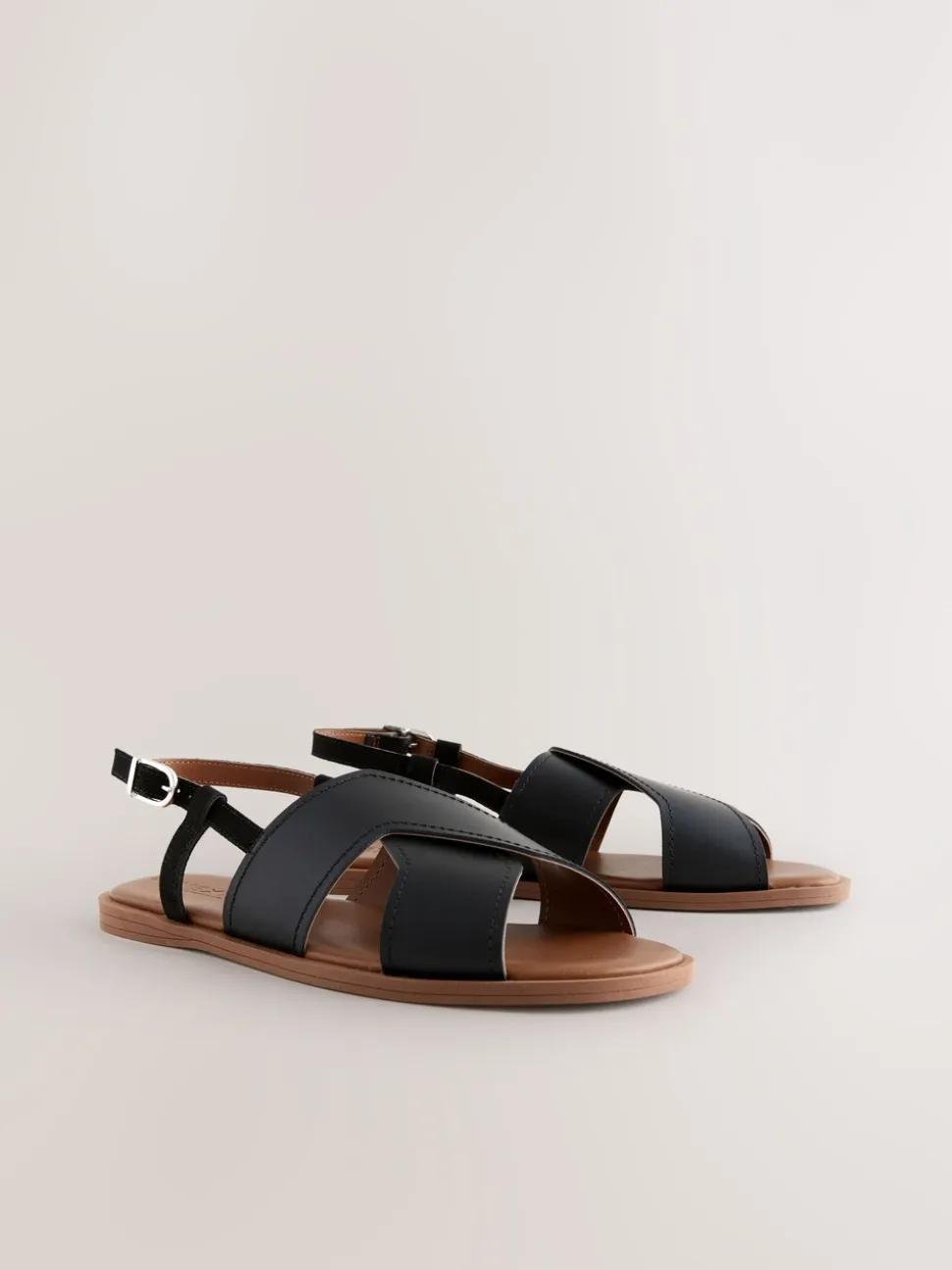 Zwart leer - Gestikte sandalen met hielbandje