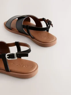 Zwart leer - Gestikte sandalen met hielbandje