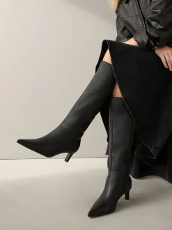 Zwart leer - Kniehoge Skinny Boots met Hak