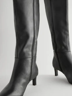 Zwart leer - Kniehoge Skinny Boots met Hak