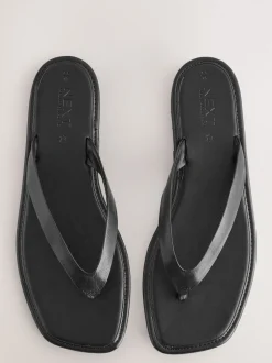 Zwart leer - Slippersandalen met vierkante neus