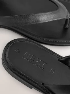 Zwart leer - Slippersandalen met vierkante neus
