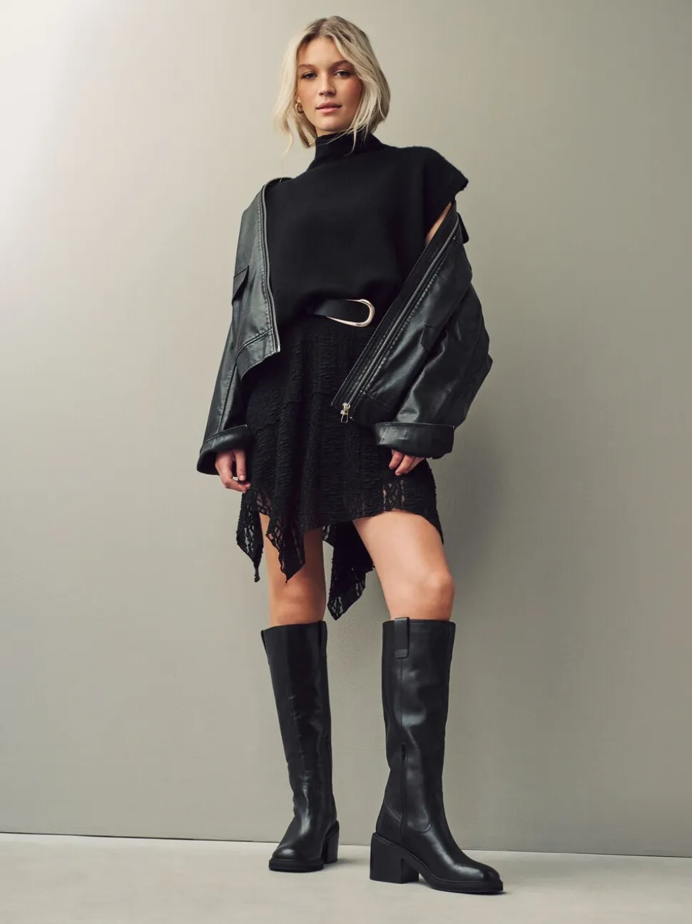 Zwart leer - Square Toe Chunky Knee High Boots