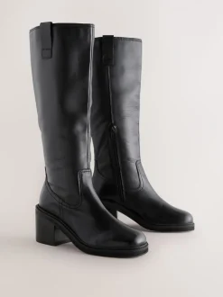 Zwart leer - Square Toe Chunky Knee High Boots