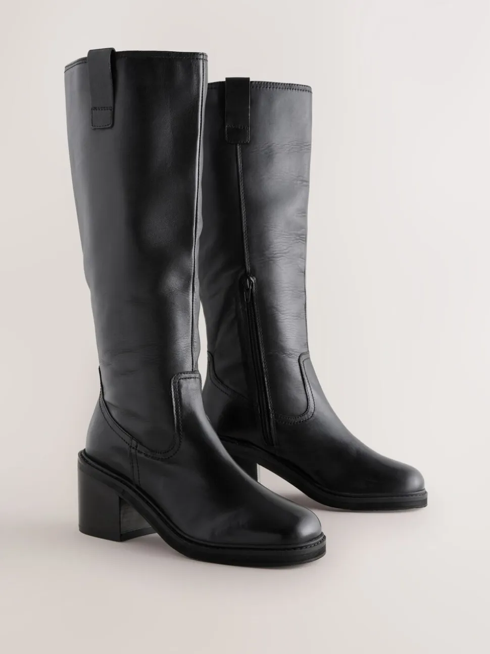 Zwart leer - Square Toe Chunky Knee High Boots