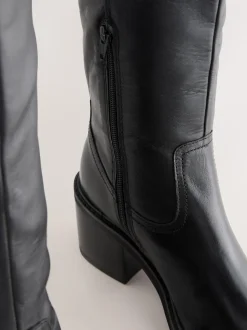 Zwart leer - Square Toe Chunky Knee High Boots