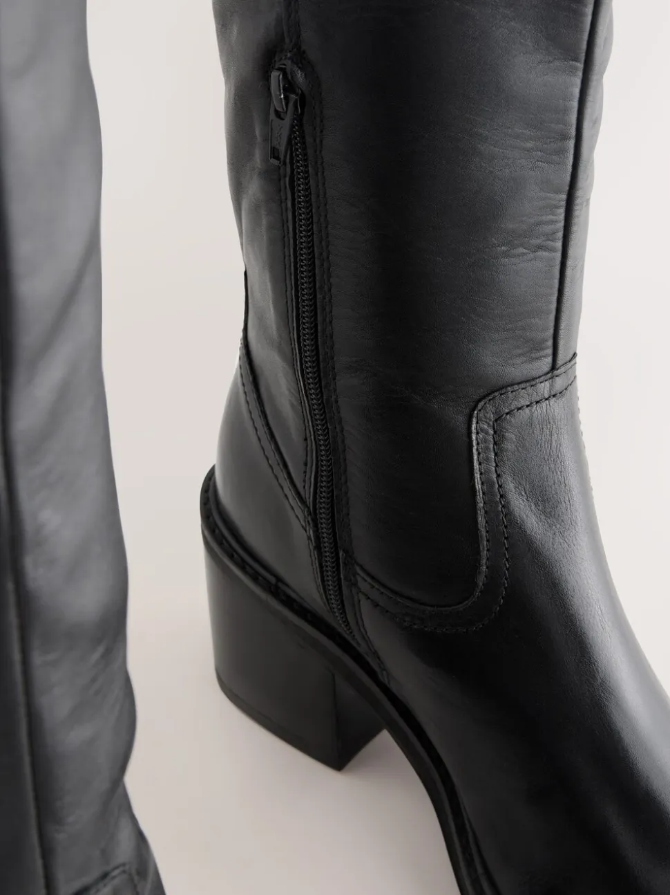 Zwart leer - Square Toe Chunky Knee High Boots