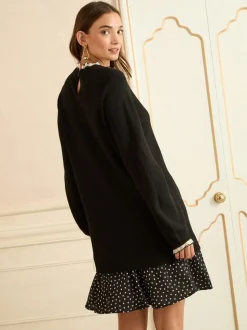 Zwart met hartjesprint - Love & Roses gebreide mini-jurk met geweven rok