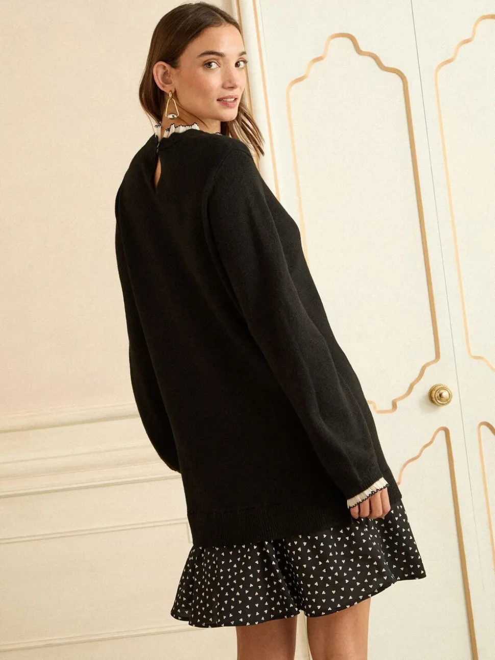 Zwart met hartjesprint - Love & Roses gebreide mini-jurk met geweven rok