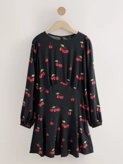 Zwart met kersenprint - Mini Long Sleeve A-Line Seam Detail Dress