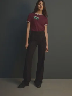 Zwart met krijtstreep - Smoothing Ponte Jersey Broek met Wijde Pijpen
