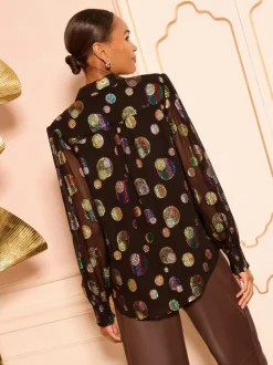 Zwart met metallic stippen - Love & Roses - Overhemd met print en lange mouwen